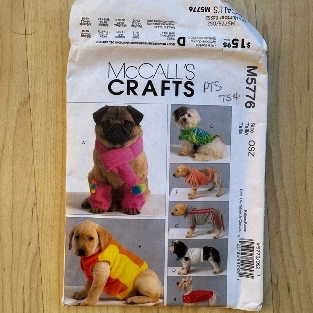 McCall's Sewing Pattern Dog Coats Scarf Leg Warmers M5776 2008 Pet Clothes
